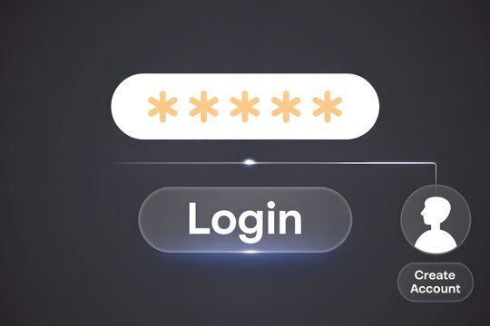 Digital security concept showing a password input field with asterisks and a login button alongside a user profile icon and create account option on a dark background