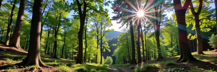 Naklejka premium Sun-drenched summer forest panorama, vibrant green canopy, dappled sunlight on forest floor, wild, leaves, overgrown