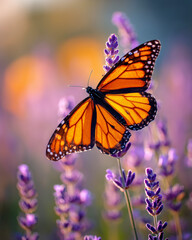 Close-up of monarch butterfly resting on blooming lavender in soft sunlight, symbolizing transformation and natural beauty.