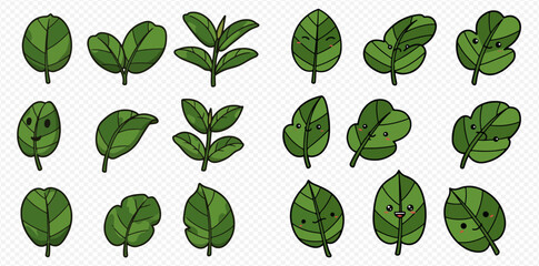 A collection of cartoon leaves in various shapes and arrangements, all colored in shades of green.