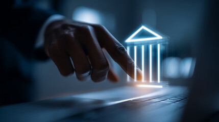 A finger touches a glowing bank icon on a laptop in a dark blue setting