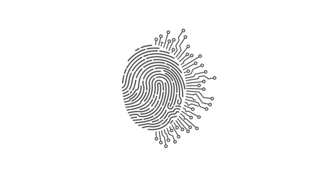 A digital graphic of a fingerprint formed by electronic circuit lines, symbolizing biometric security, cyber identity, and digital protection.