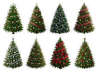 Fototapeta premium PNG Festive decorated Christmas trees, element set on transparent background