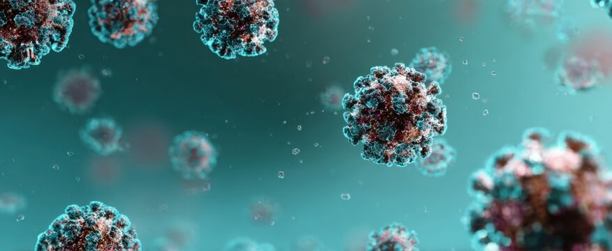The Coronavirus Particles Floating in Turquoise Microscopic Viral Landscape with Bubbles