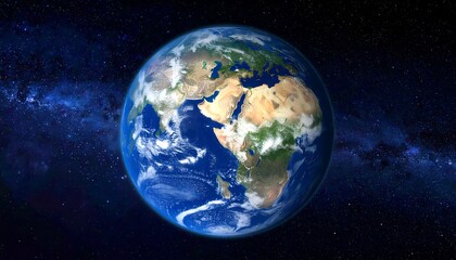 Obraz premium A realistic rendering of planet Earth, showcasing continents, oceans, and cloud formations, set against a backdrop of a starry space