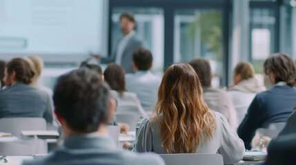 Audience watching a presentation with a man standing by a projection screen