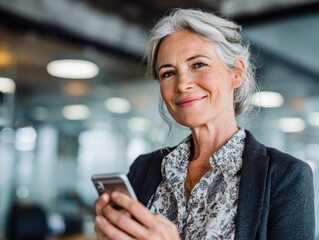 Smiling mature professional business woman entrepreneur using smartphone in office. Happy older senior female executive, middle aged businesswoman looking at mobile cell phone standing at work.