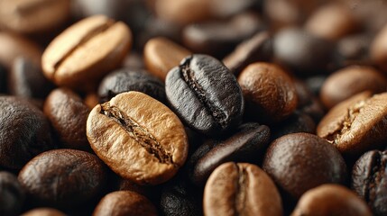Naklejka premium Photorealistic closeup of roasted coffee beans with details