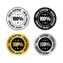 100 percent  four seafood labels in black gold and silver with a round shape and a star in the center