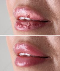 Obraz premium Lip care. Woman with chapped and dry skin before and healthy skin after moisturizing treatment, closeup. Collage on grey background