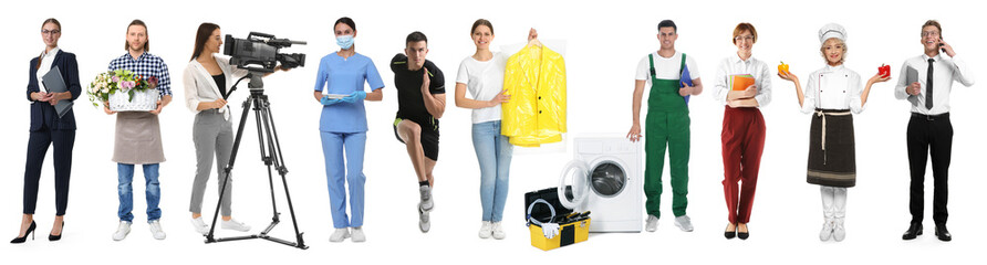 Choosing profession. People of different occupations on white background, collage of portraits