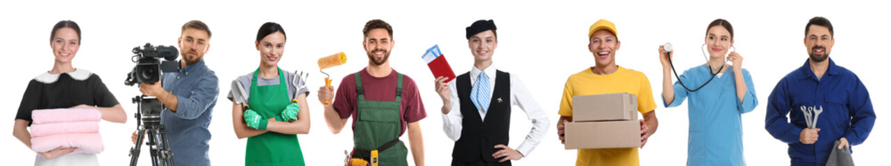 Choosing profession. People of different occupations on white background, collage of portraits
