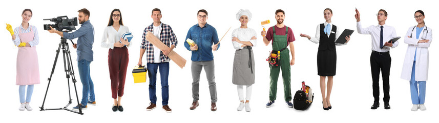 Choosing profession. People of different occupations on white background, collage of portraits