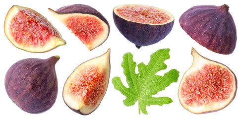 Fresh ripe figs and green leaf isolated on white, set. Whole and sliced