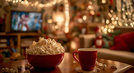 a cozy living room with warm lighting, a large bowl of popcorn on the coffee table, and an open red mug beside it. in front is a television playing christmas movies