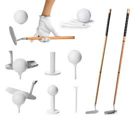 Golf club, ball, tee and player's hand in glove isolated on white, set