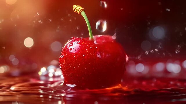 A single ripe red cherry with water droplets splashing around it in soft light