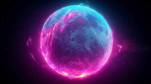 Abstract digital planet with glowing neon lights on black background