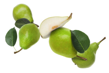 Fresh green pears flying in air on white background