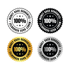 100 percent  four money back guarantee badges in black gold and silver on a white isolated background design element