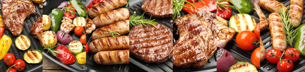 Pan with grilled meat products and vegetables, collage