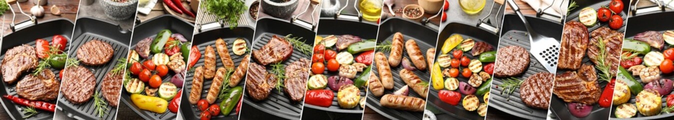 Pan with grilled meat products and vegetables, collage