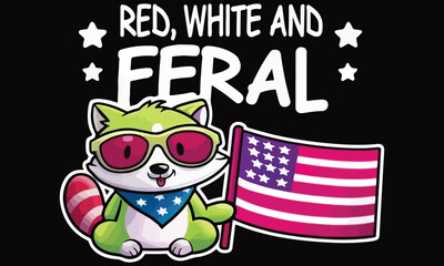 Red White and Feral — Cute Patriotic Animal Cartoon with American Flag .