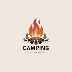 Camping logo design with campfire and pine trees for outdoor adventure, travel, and nature branding