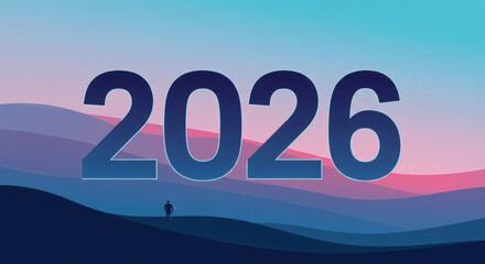 Number 2026 with abstract landscape and lone figure illustration future concept