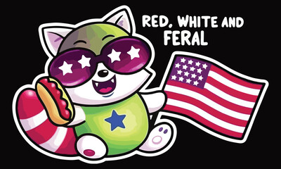 Red White and Feral — Cute Patriotic Animal Cartoon with American Flag .