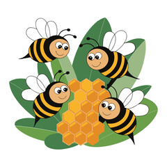 Cute Cartoon Bees with Honeycomb, Honey Bee, Hive, Pollination, Nature, Insect Vector Illustration