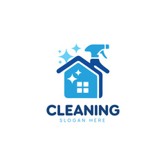 Cleaning logo design with house and spray bottle for janitorial, housekeeping, and home services