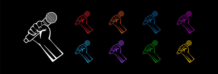 Hand holding microphone as a symbol of freedom of speech. Icon set.