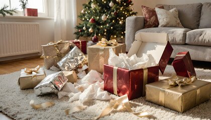 Wrapped Christmas presents under the tree in cozy living room setting  