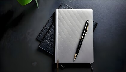 A pile of black and gray books with a pen on a dark black table