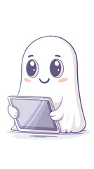 Cute Tablet Ghost Mascot Holding a Tablet with Sparkling Eyes Friendly Tech Ghost