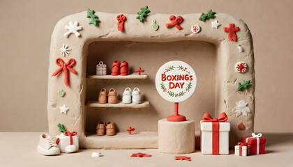 Festive display with shoes and gifts celebrating Boxing Day  