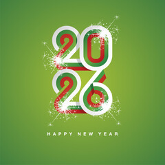 2026 New Year continuous Bulgaria ribbon. Abstract white green red flag of Bulgaria in the shape of 2026 logo with sparkle firework. New Year concept greeting card