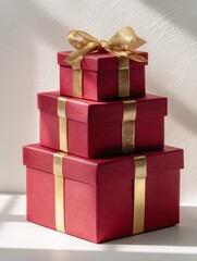 Obraz premium Minimalist Stacked Gift Boxes: Matte Red Wrapping, Gold Foil Ribbon & Bow, Soft Top-Left Lighting, Subtle Shadow, White Seamless Background, High-Res Commercial Product Photography