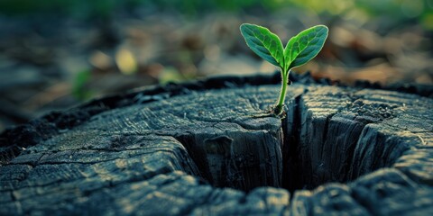 Young plant new generation grow up on old dead tree stump nature resilience lush forest sustainable.