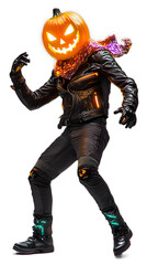 Pumpkin-Head Cyberpunk Biker — Halloween jack-o'-lantern warrior in glowing leather