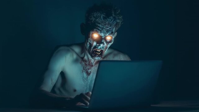 Infected zombie with glowing eyes working on laptop in dark, abandoned space, embodying post apocalyptic horror atmosphere with haunting technological presence