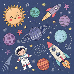 Seamless cartoon space rocket pattern with planets and stars