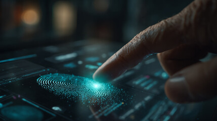A finger pressing on a digital fingerprint scanner with glowing blue light