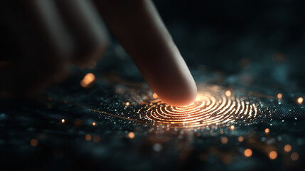 Finger pressing on glowing fingerprint scanner with dark background blur