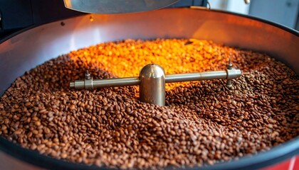 Roasting Coffee Beans in Commercial Roaster Process Closeup