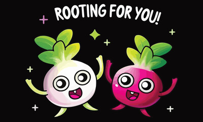 Rooting for You — Cute Vegetable Friends Illustration with Positive Pun .