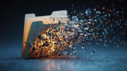 Data breach concept with file folder and exploding data fragments, perfect for cybersecurity awareness or digital security solutions, a modern and dynamic tech illustration