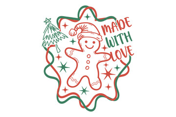 Made With Love Gingerbread EPS Retro Christmas Cookie with Tree & Stars Holiday Design

