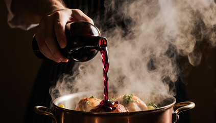 Professional chef carefully cooking gourmet french food dinner. chef pouring rich red wine from bottle into hot stew inside steaming copper pot in dark kitchen